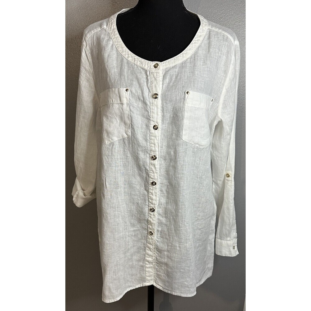 JM Collections Sz 12 White Linen Button Down Blouse Roll Tab Long Sleeve Tunic